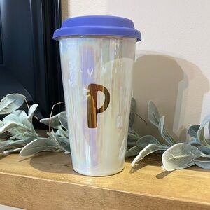 World Market Iridescent “P” Monogrammed 12 oz Travel Mug w/ Purple Silicone Lid